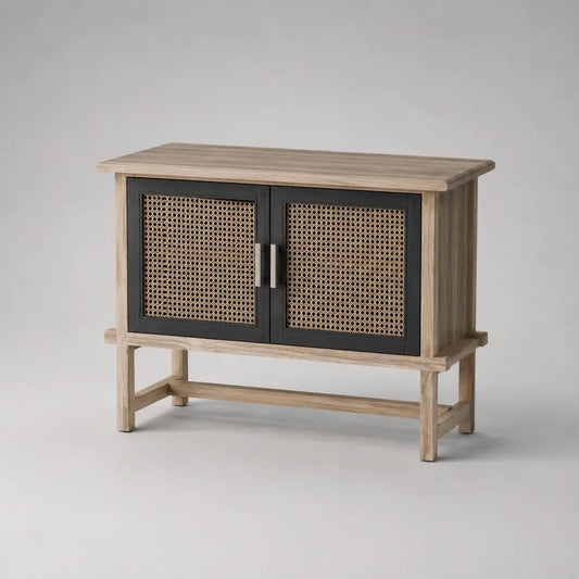 Sideboard mit 2 Türen aus massivem Mangoholz und Rattangeflecht, Natur/Schwarz, 100 × 40 × 80 cm