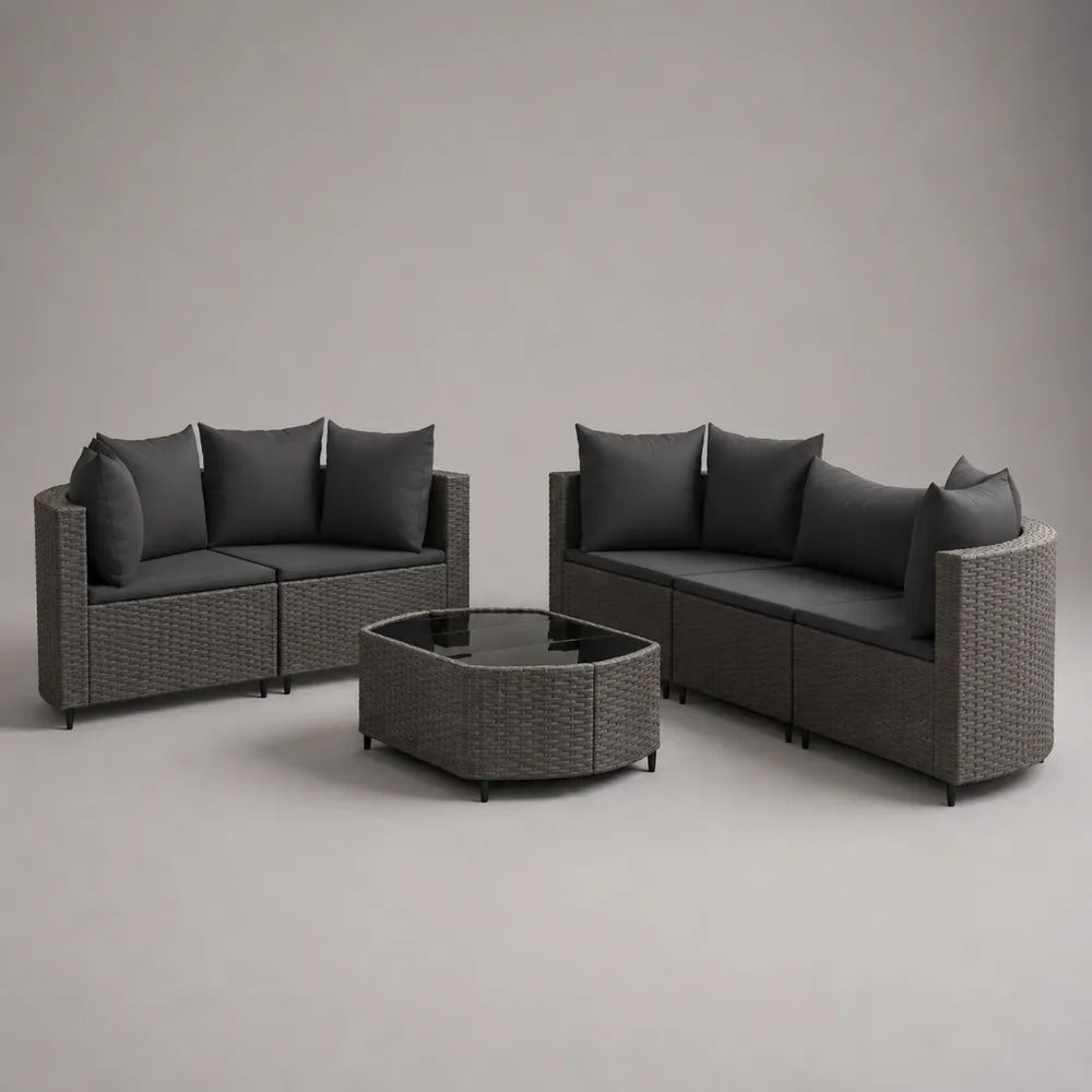 3-teiliges Gartenmöbel-Set für 5 Personen aus grauem PE-Polyrattan mit Stahlgestell, 2-Sitzer 142 × 75 × 72 cm, 3-Sitzer 198 × 75 × 72 cm und Glastisch 100 × 60 × 40 cm