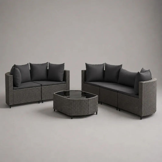 3-teiliges Gartenmöbel-Set für 5 Personen aus grauem PE-Polyrattan mit Stahlgestell, 2-Sitzer 142 × 75 × 72 cm, 3-Sitzer 198 × 75 × 72 cm und Glastisch 100 × 60 × 40 cm