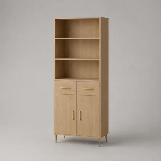 Highboard aus MDF mit Eichenfurnier, 3 offene Fächer, 2 Schubladen und 2 Türen, Natureiche/Messingfarben, 80 × 40 × 180 cm