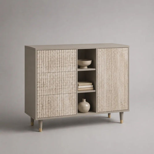 Sideboard aus MDF und Spanplatte mit 3 Schubladen, 1 Tür und 3 offenen Fächern, Greige/Beige/Messingfarben, 120 × 40 × 95 cm