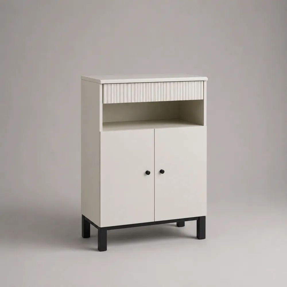Sideboard mit Schublade, offenem Fach und 2 Türen aus MDF und Spanplatte mit Stahlgestell, Weiß/Schwarz, 80 × 40 × 120 cm