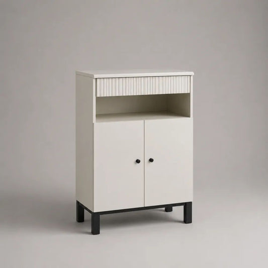 Sideboard mit Schublade, offenem Fach und 2 Türen aus MDF und Spanplatte mit Stahlgestell, Weiß/Schwarz, 80 × 40 × 120 cm