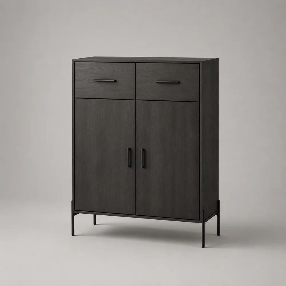 Highboard aus Holzwerkstoff und Stahl mit 2 Türen und 2 Schubladen, Schwarz, 90 × 40 × 120 cm