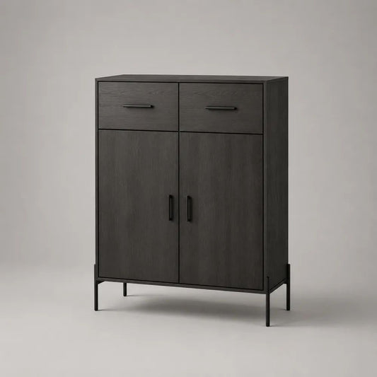 Highboard aus Holzwerkstoff und Stahl mit 2 Türen und 2 Schubladen, Schwarz, 90 × 40 × 120 cm