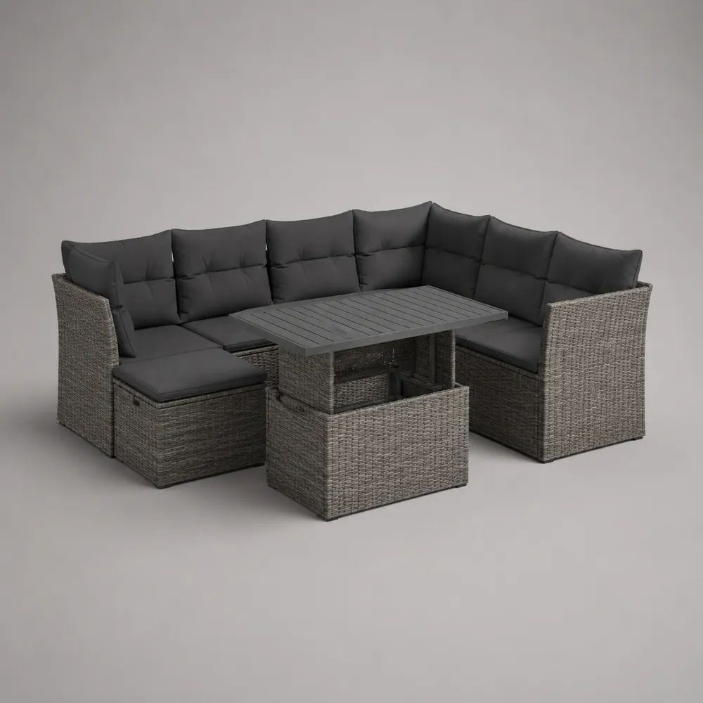 Garten-Loungeset aus PE-Rattan mit L-förmigem Ecksofa, höhenverstellbarem Tisch und Hocker, Grau/Anthrazit, ca. 230 × 230 × 75 cm