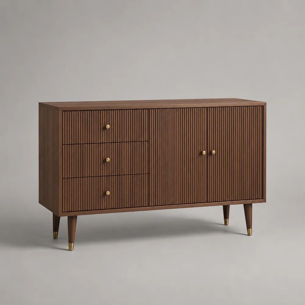 Sideboard aus Holz mit 3 Schubladen und 2 Türen, Walnussbraun/Messingfarben, 120 × 40 × 80 cm