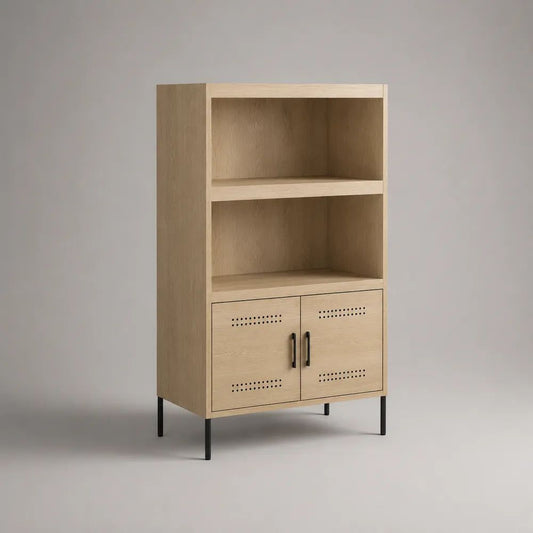 Highboard aus Spanplatte und Stahl mit 2 Türen und 2 offenen Fächern, Eichefarben/Schwarz, 80 x 40 x 160 cm