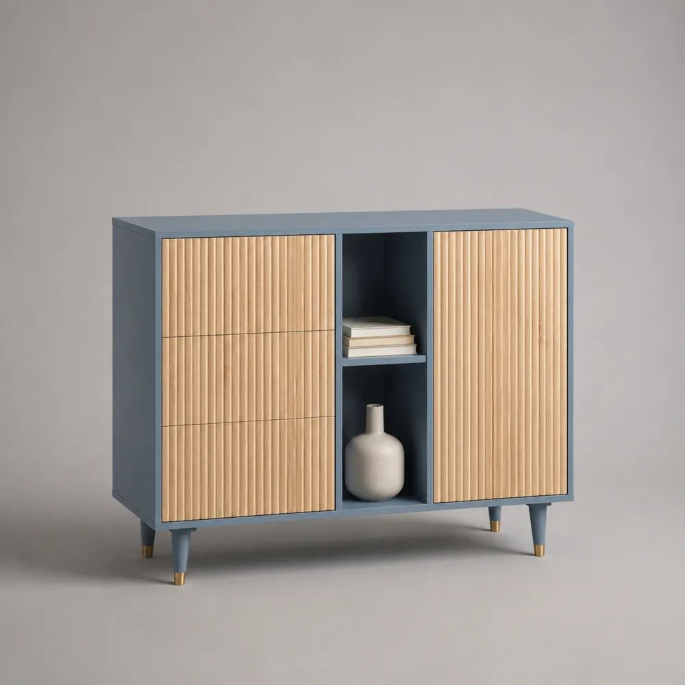 Sideboard-Kommode aus MDF und Spanplatte mit 3 Schubladen, 1 Tür und 2 offenen Fächern, Grau/Natur, 120 × 40 × 100 cm