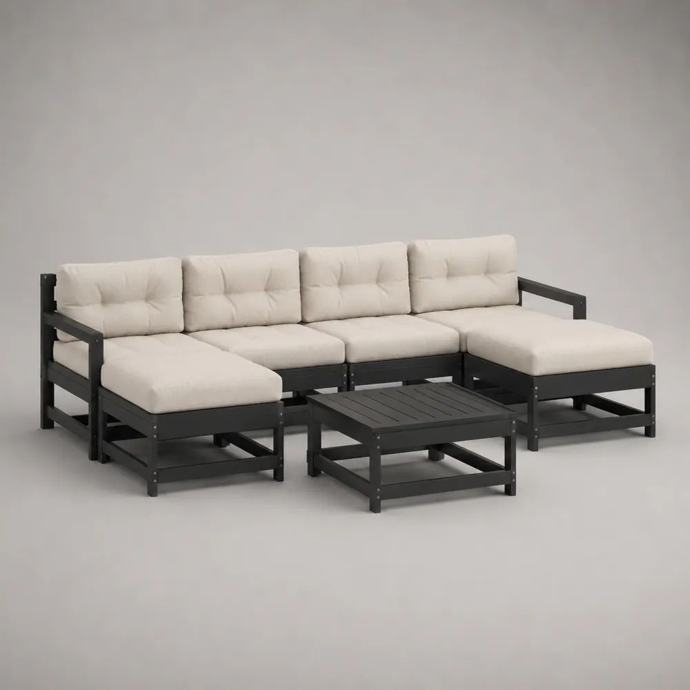 5-teilige Gartensofa-Gruppe aus massivem Holz mit Auflagen, U-Form, Schwarz/Creme, 268 × 152 × 76 cm