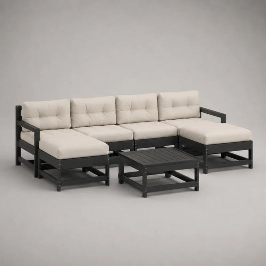 5-teilige Gartensofa-Gruppe aus massivem Holz mit Auflagen, U-Form, Schwarz/Creme, 268 × 152 × 76 cm