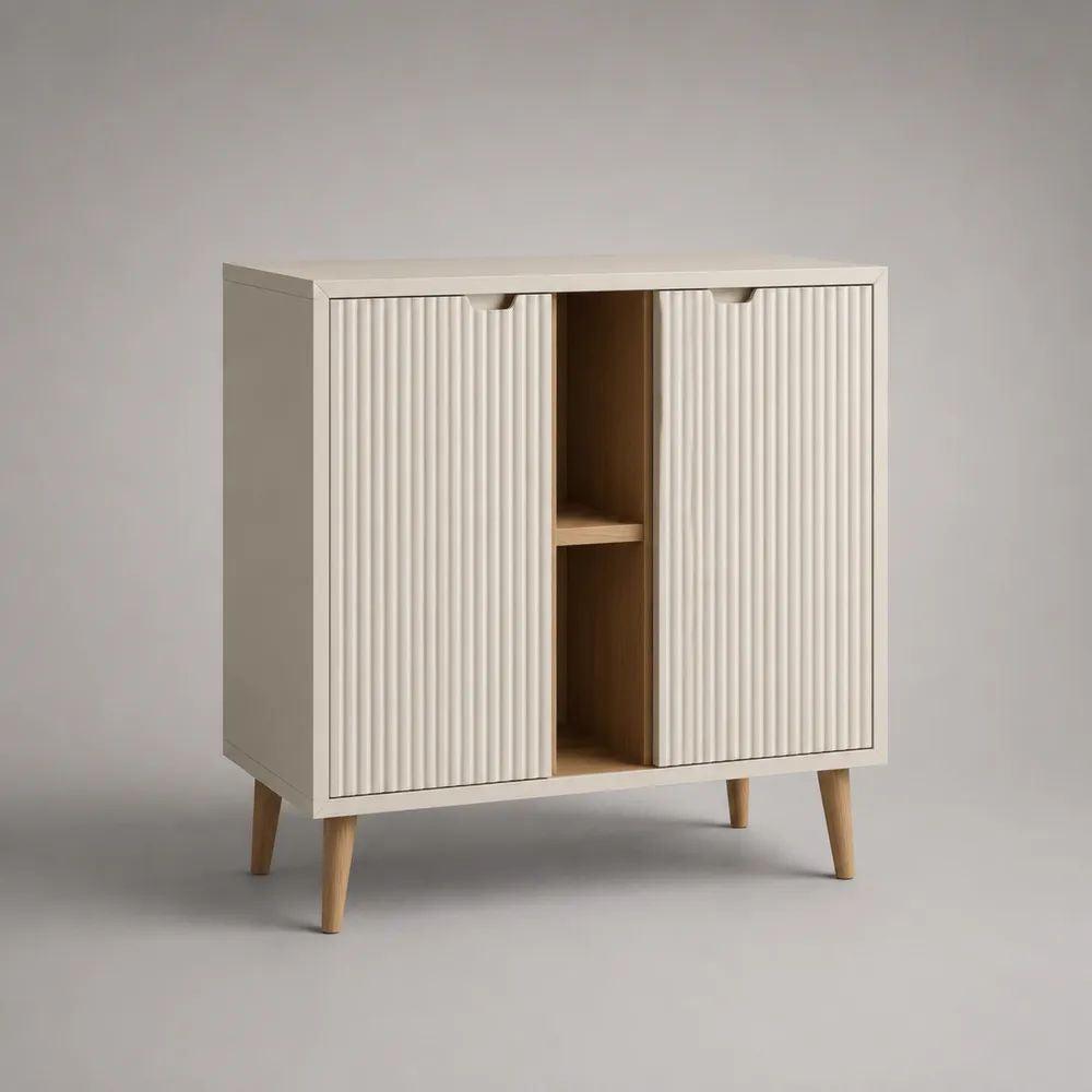 Sideboard aus MDF und Spanplatte mit 2 Türen und 2 offenen Fächern, Weiß/Natur, 80 × 40 × 90 cm