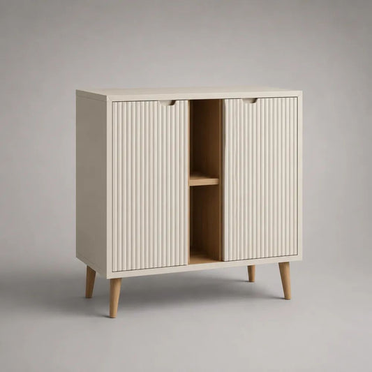 Sideboard aus MDF und Spanplatte mit 2 Türen und 2 offenen Fächern, Weiß/Natur, 80 × 40 × 90 cm