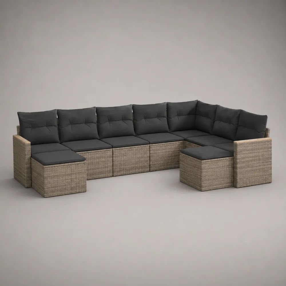9-teiliges L-förmiges Gartensofa-Set aus PE-Rattan mit Polstern, Beige/Anthrazit, 305 × 185 × 72 cm
