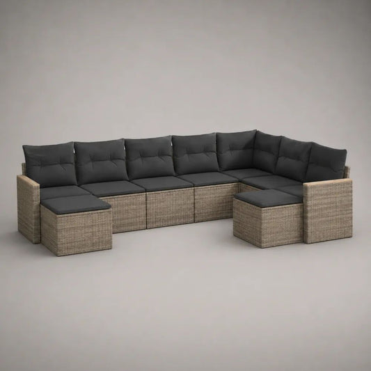 9-teiliges L-förmiges Gartensofa-Set aus PE-Rattan mit Polstern, Beige/Anthrazit, 305 × 185 × 72 cm