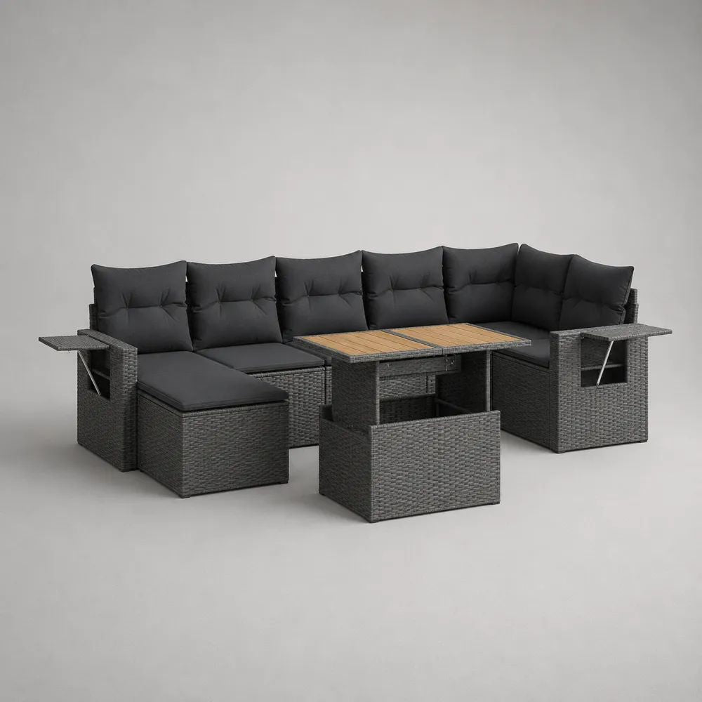 U-förmiges Garten-Lounge-Set mit Esstisch aus PE-Rattan, Stahl und Akazienholz, Anthrazit, 260 × 180 × 75 cm
