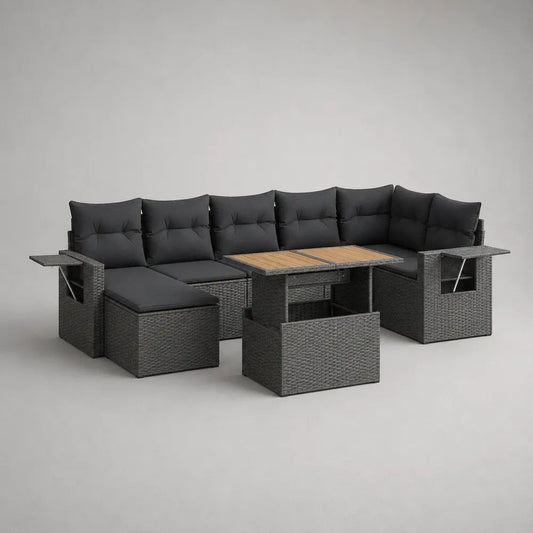 U-förmiges Garten-Lounge-Set mit Esstisch aus PE-Rattan, Stahl und Akazienholz, Anthrazit, 260 × 180 × 75 cm