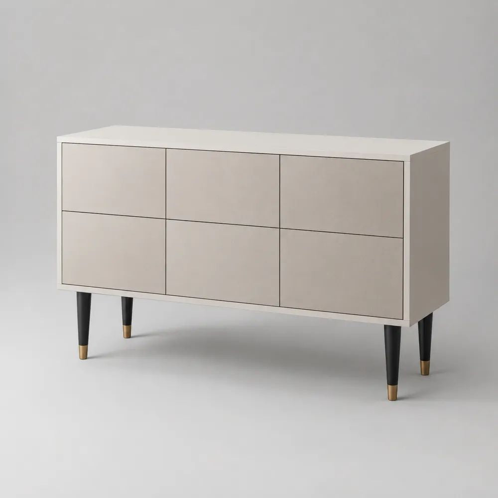 Rechteckiges Sideboard mit 6 Schubladen aus MDF und melaminbeschichteter Spanplatte, Cremeweiß/Schwarz/Messingfarben, 120 × 40 × 80 cm