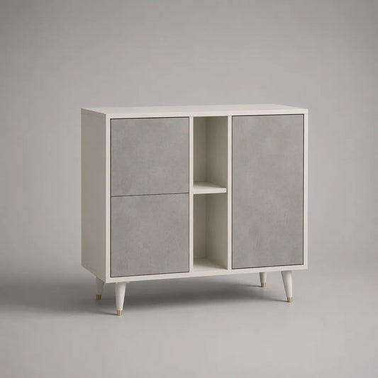 Sideboard aus Spanplatte und MDF mit 3 Türen und 2 offenen Fächern, Weiß/Betongrau, 100 × 35 × 90 cm