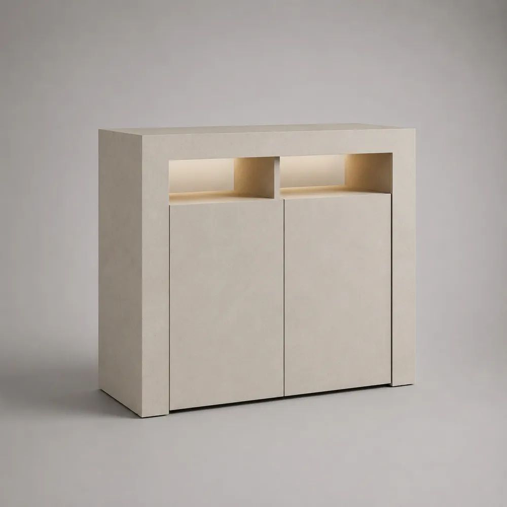 Sideboard mit LED-Beleuchtung aus Spanplatte und MDF, Cremeweiß, 2 Türen und 2 offene Fächer, 120 × 40 × 105 cm
