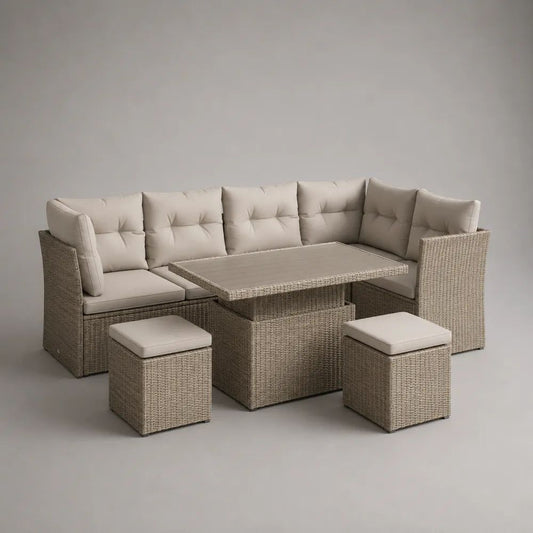 6-teiliges Gartenlounge-Set aus PE-Rattan mit L-förmigem Ecksofa, Esstisch und 2 Hockern, Beige/Creme, 194 x 194 x 82 cm