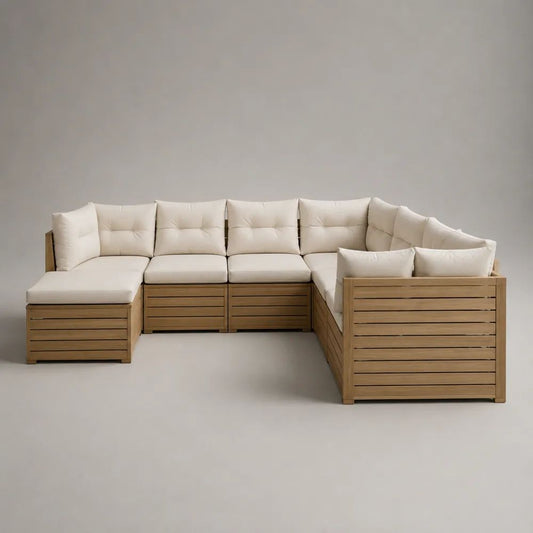 6-teiliges Gartensofa-Set in U-Form aus massivem Akazienholz mit Polyesterpolstern, Naturbraun/Cremeweiß, 294 x 220 x 78 cm