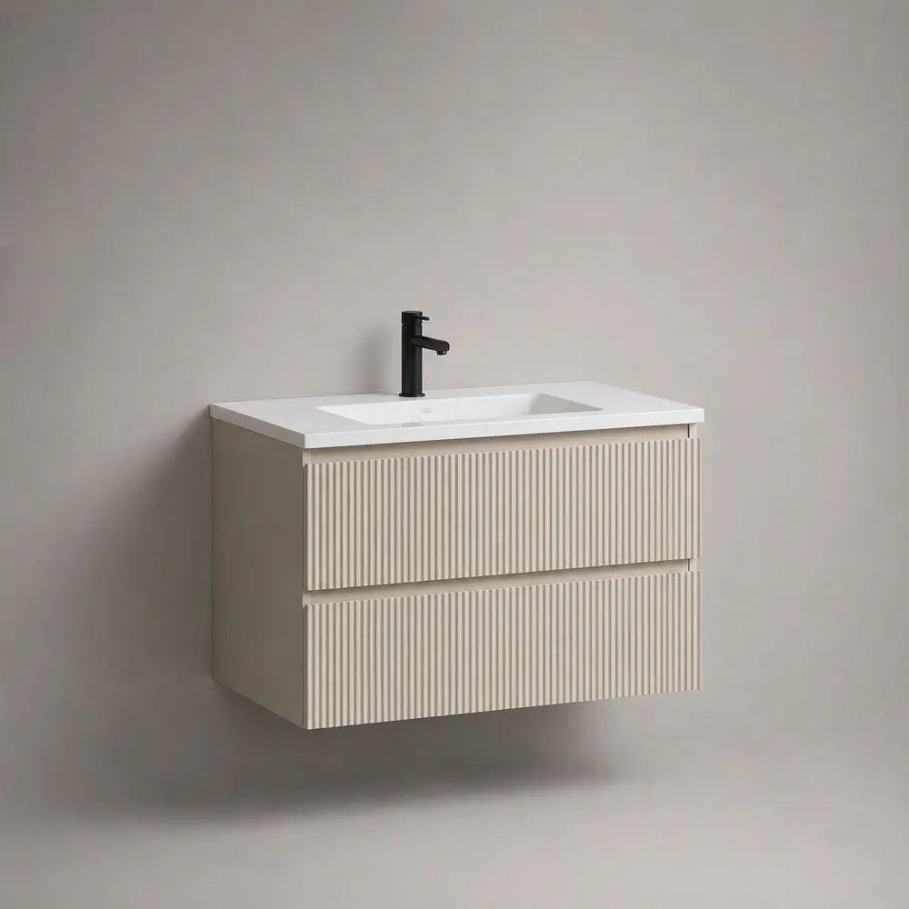 Wandhängendes Waschtischunterschrank-Set mit Keramikwaschbecken, geriffelter MDF-Front und 2 Schubladen, Beige/Weiß, 81 × 46 × 55 cm