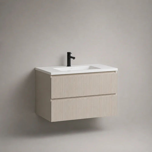 Wandhängendes Waschtischunterschrank-Set mit Keramikwaschbecken, geriffelter MDF-Front und 2 Schubladen, Beige/Weiß, 81 × 46 × 55 cm