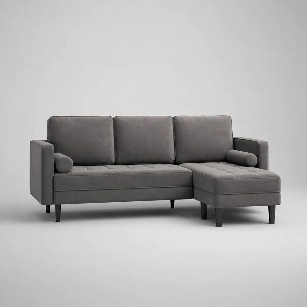 L-förmiges 3-Sitzer-Ecksofa mit Recamiere rechts, Stoffbezug, Grau/Schwarz, 200 × 140 × 84 cm