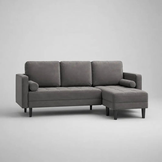 L-förmiges 3-Sitzer-Ecksofa mit Recamiere rechts, Stoffbezug, Grau/Schwarz, 200 × 140 × 84 cm