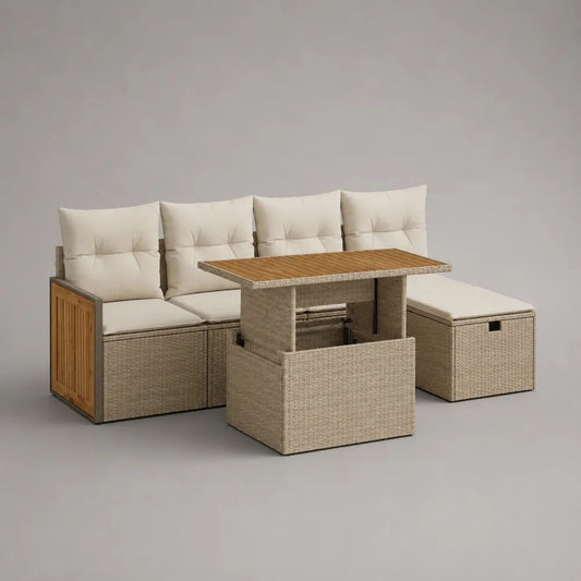3-teiliges Gartenmöbel-Set aus PE-Rattan, Metall und Holz, Gartensofa 203 × 72 × 82 cm, höhenverstellbarer Tisch 120 × 65 × 49–70 cm und Aufbewahrungshocker 70 × 70 × 45 cm, Beige/Creme/Braun