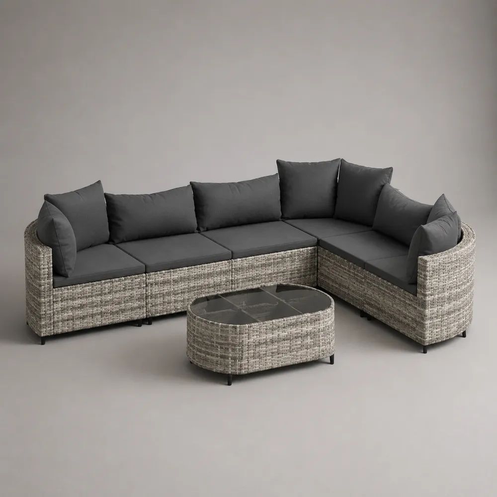 Gartenlounge-Set 4-teilig, 5-Sitzer Ecksofa aus PE-Rattan mit Glastisch und Kissen, L-Form, Hellgrau/Anthrazit, 250 x 190 x 75 cm