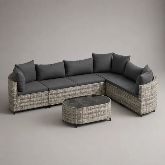 Gartenlounge-Set 4-teilig, 5-Sitzer Ecksofa aus PE-Rattan mit Glastisch und Kissen, L-Form, Hellgrau/Anthrazit, 250 x 190 x 75 cm