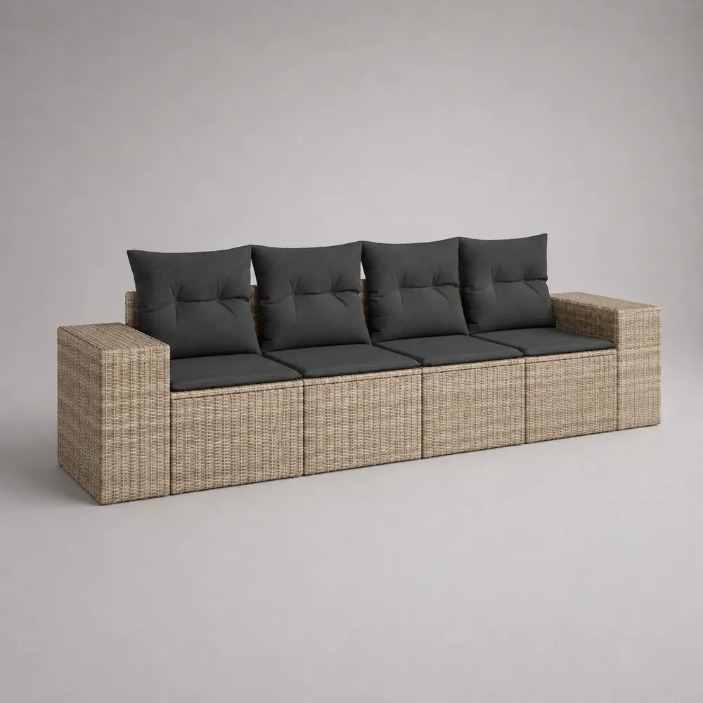 4-Sitzer-Gartensofa-Set aus PE-Rattan und Stahl mit Polyesterkissen, Beige/Anthrazit, 288 × 75 × 74 cm