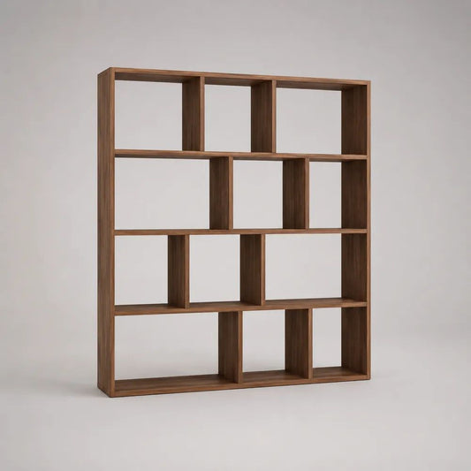Bücherregal und Raumteiler aus MDF mit Walnussfurnier, 12 offene Fächer, Walnussbraun, 160 × 30 × 180 cm