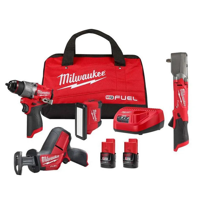 Milwaukee 12-Volt bürstenlos kabellos Schlagbohrmaschine Kombiset, kabellos Design, Schlagschrauber mit 2 Batterien, Rezeptsäge, M12, Rot, Elektrowerkzeug-Sets