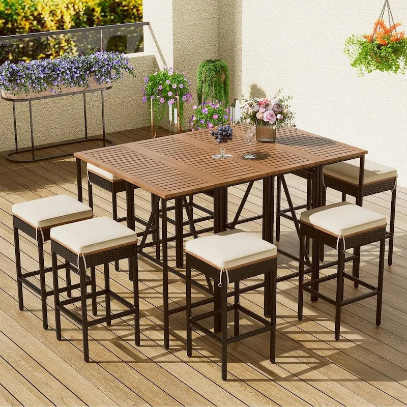 10 Teile Esstisch 10-Stück, Garten, Brown Acacia Wood PE-Rattan Polyrattan Garten Essgruppe mit Beige Kissen