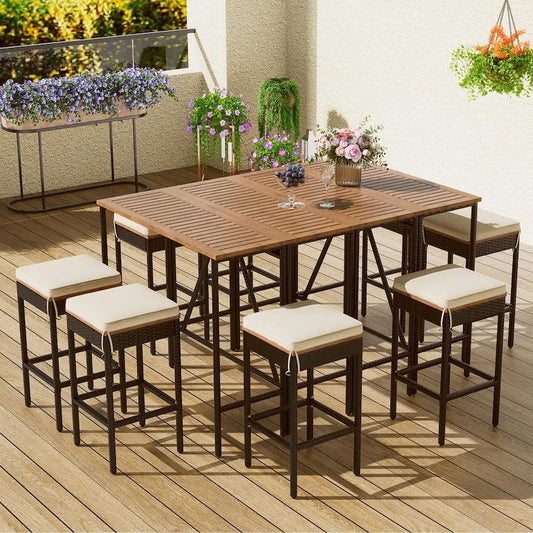 10 Teile Esstisch 10-Stück, Garten, Brown Acacia Wood PE-Rattan Polyrattan Garten Essgruppe mit Beige Kissen
