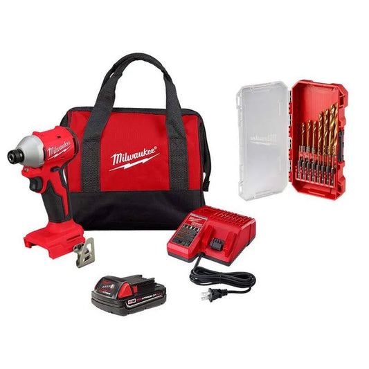Milwaukee 15 Teile Compact bürstenlos kabellos Schlagantriebssatz, 18V, kabellos Design, kompakte, tragbare Bauweise, Ladegerät & Bohrersatz, M18, 2.0 Ah