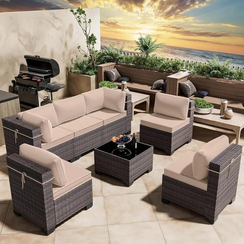 Teil Polyrattan Garten Sektional Set 7 Teile, Polyrattan Garten Sektional Set mit Kissen Sand