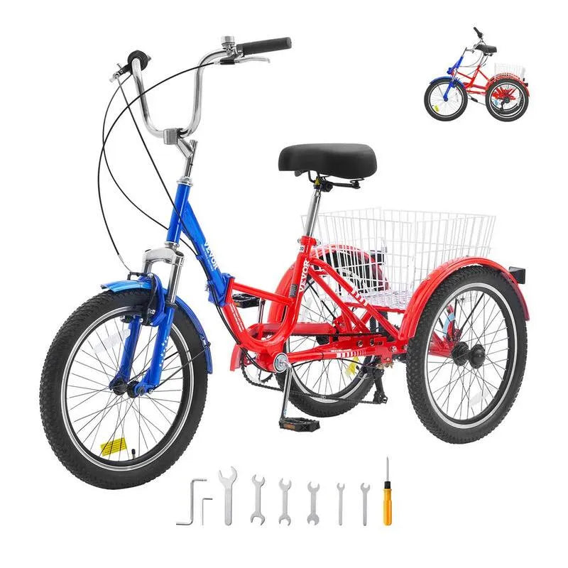 7-Stufen, 20 in., Carbon Stahl 3 Wheel Cruiser Bike mit großem Korb, Faltbares Erwachsenen-Dreirad
