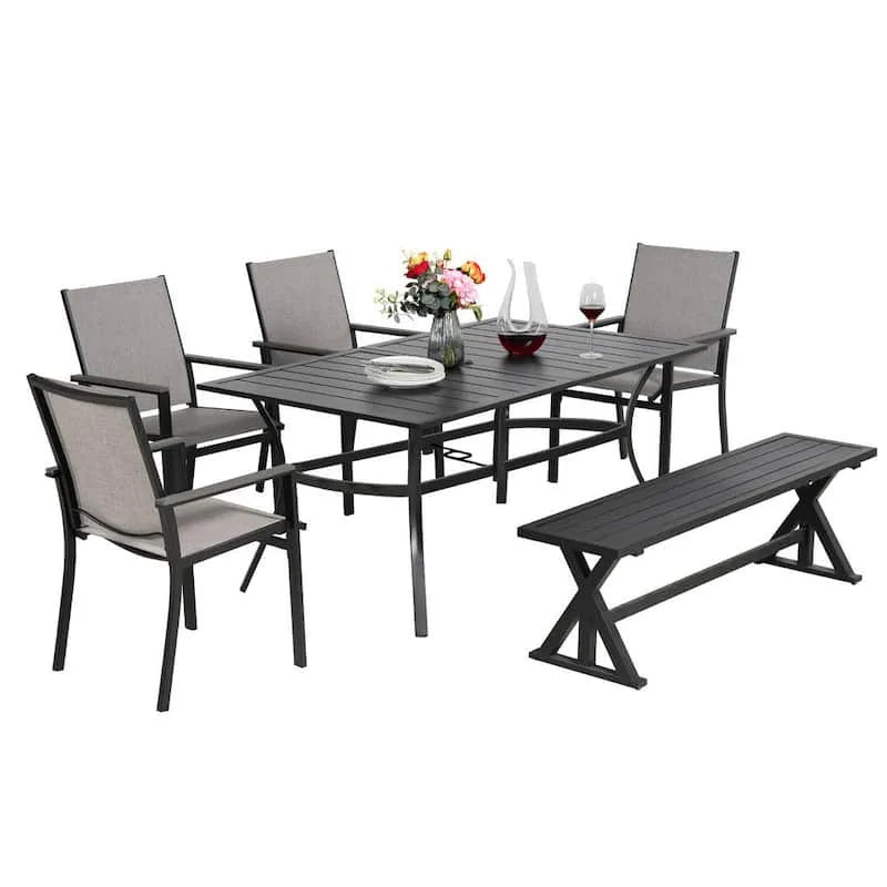 6 Teile Esstisch 6-Stück, enthält 4 Textilene Stühle, 6-Stück Metall Garten Essgruppe mit Bank