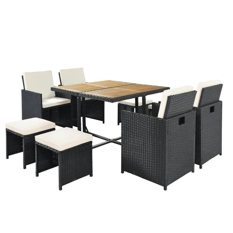 Teil Polyrattan Garten Essgruppe 9 Teile, Polyrattan Garten Essgruppe mit Holztablett und Beige Kissen, Schwarz