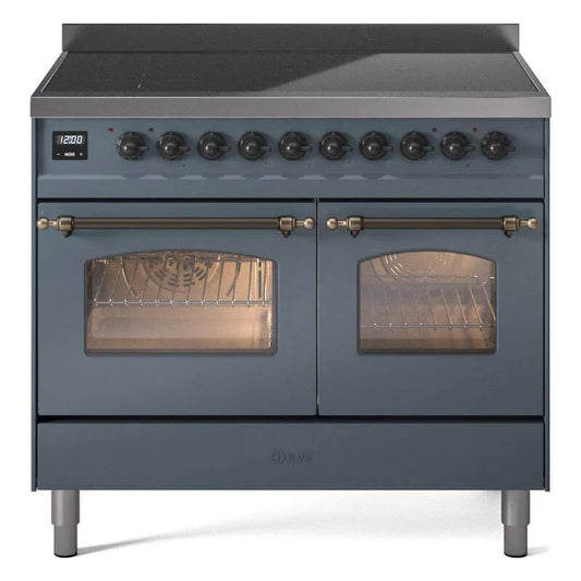 ILVE, Nostalgie II 40 in. 6 Burner Plus Grillplatte Freistehende Doppelofen Dual Fuel Herd in Blaugrau mit Bronze, Doppelofen Dual Fuel Herde