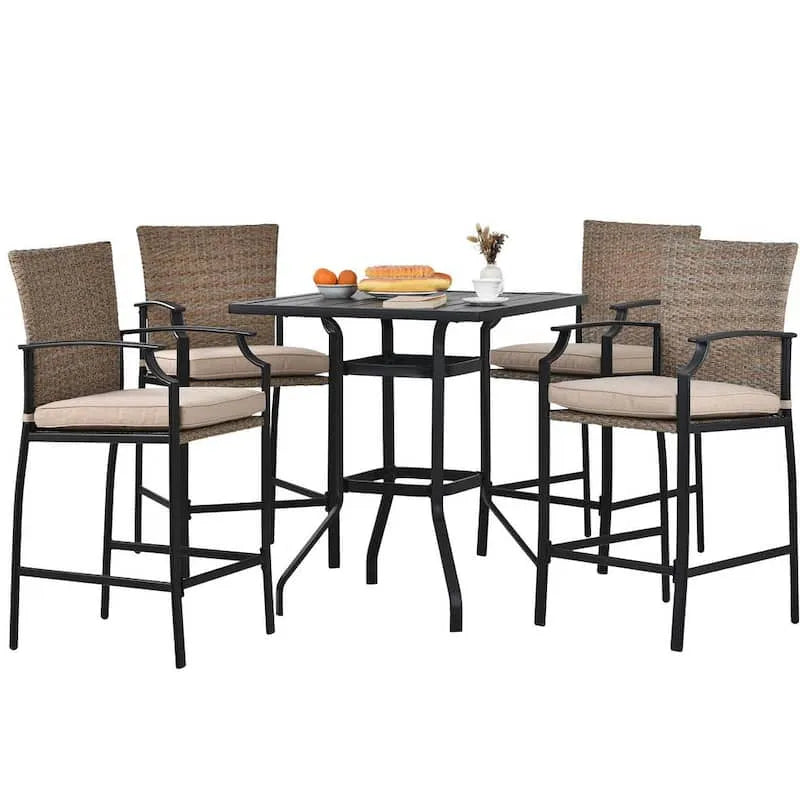 5 Teile Esstisch 5-Stück, Beige Kissen, Schwarz, Garten, Braun