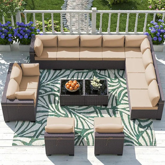 Teil Polyrattan Garten Sektional Set 14 Teile, Polyrattan Garten Sektional Set mit Kissen Sand
