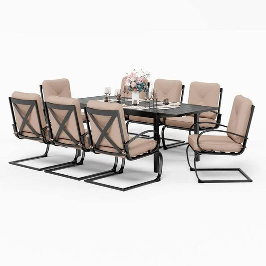 Teil Metal Patio Garten Essgruppe 9 Teile, Metal Patio Garten Essgruppe mit Rechteckverlängertem Tisch und C-Spring Stuhl mit Beige Kissen