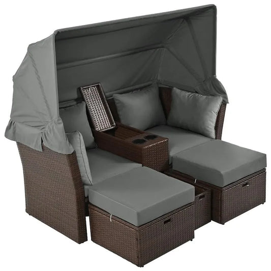 2-Seater 2-Sitzer, Garten, Brown Rattan Metall Patio Garten Day Bed, Faltbar, 2-Sitzer Sofa mit Faltbar Markise und graue Kissen
