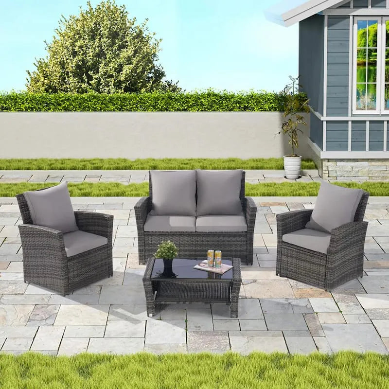 Couchtisch, 4 Stück, gehärtetes Glas, Terrasse, Garten, Grau, 4 Teile