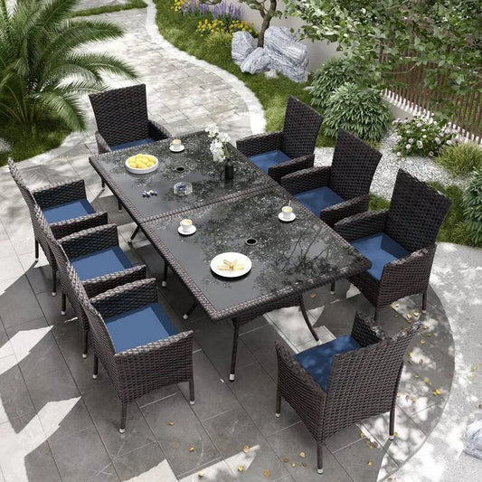 Teil Polyrattan Patio Garten Essgruppe 10 Teile, 1, 5 in., 1, 5 in. Schirmloch und Marineblau Kissen, 1.5 in